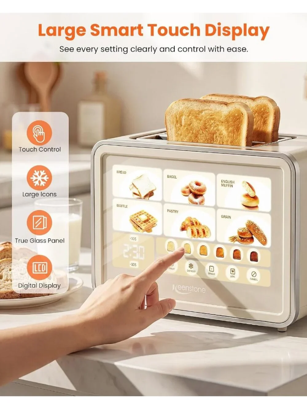 2 Slice Cream Smart Touch Screen Large Glass Touch Display Defrost Toaster